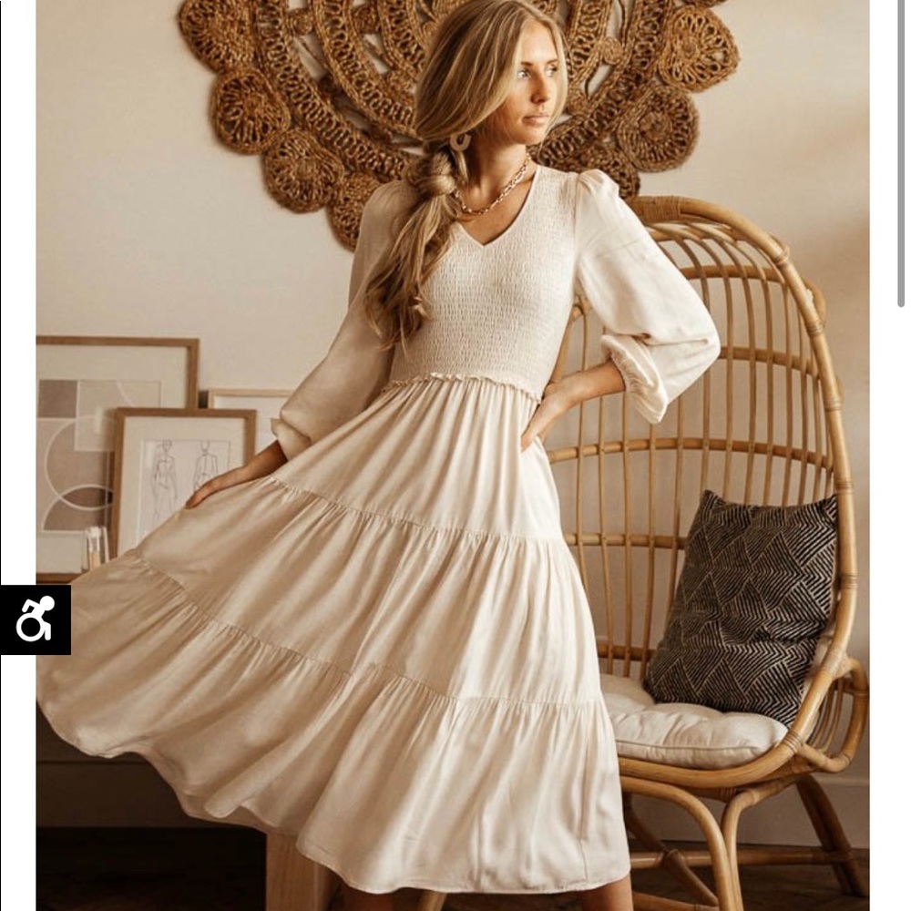 Bohme Smocked Midi Tier Dress in Cream/Ivory - S